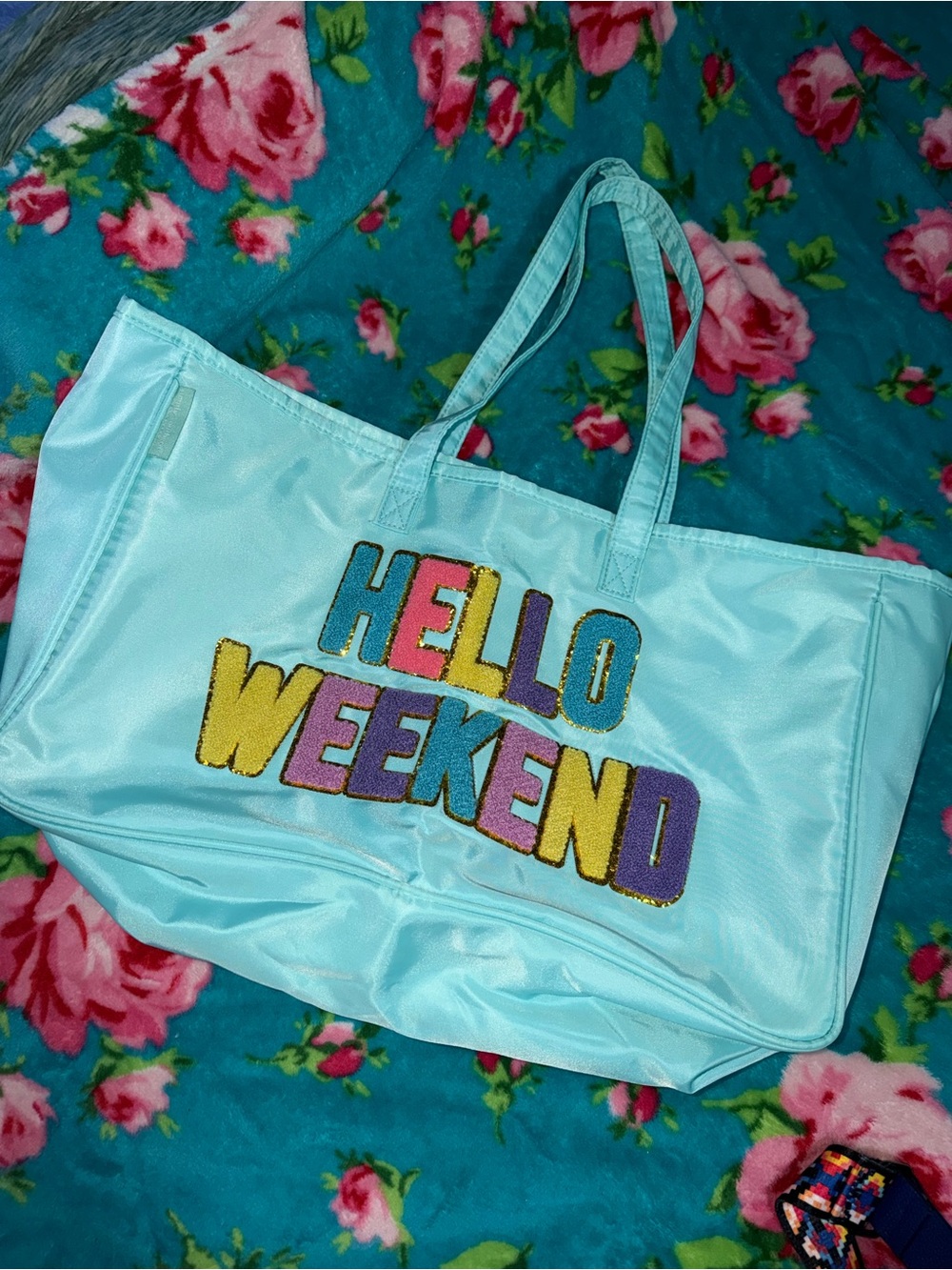 Simply southern Hello Weekend Light Blue Tote Bag